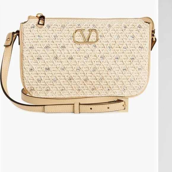 Valentino Beige Crossbody Bag Vlogo embellished faux raffia - Picture 1 of 16